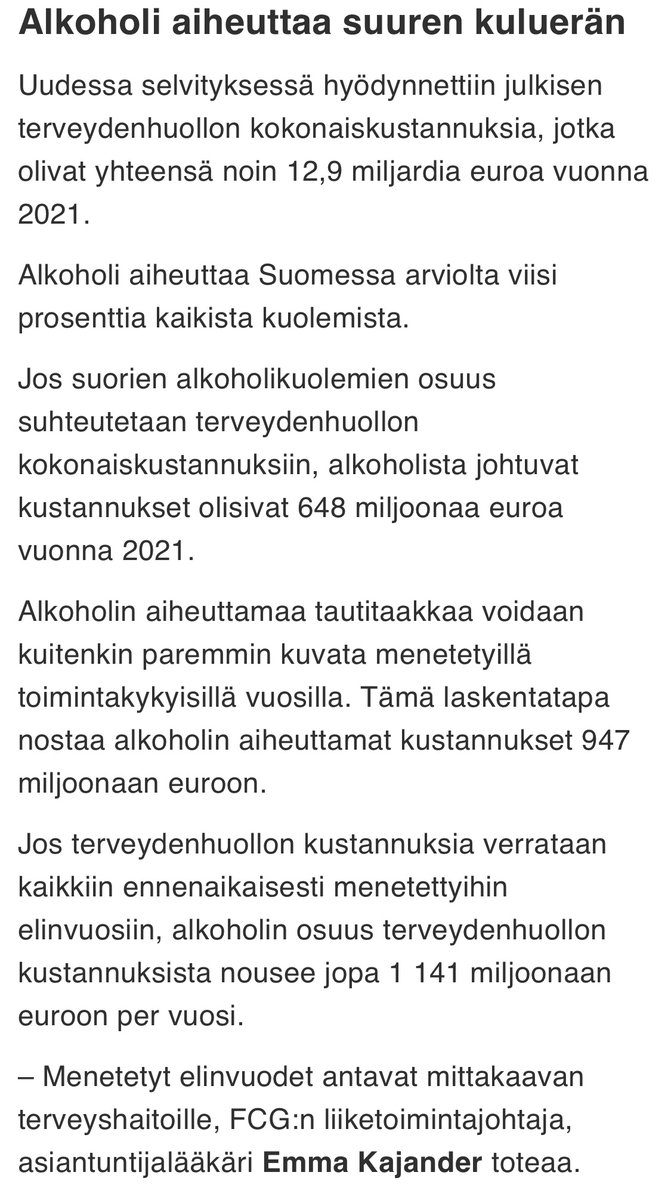 ”Nykyiset arviot alkoholin kustannusvaikutuksista terveydenhuollolle ovat vahvasti alimitoitettuja, käy ilmi FCG Finnish Consulting Groupin tekemästä ja Ehkäisevä päihdetyö EHYT ry:n tilaamasta tuoreesta katsauksesta.

Alkoholi voi aiheuttaa laskentatavan mukaan julkiselle