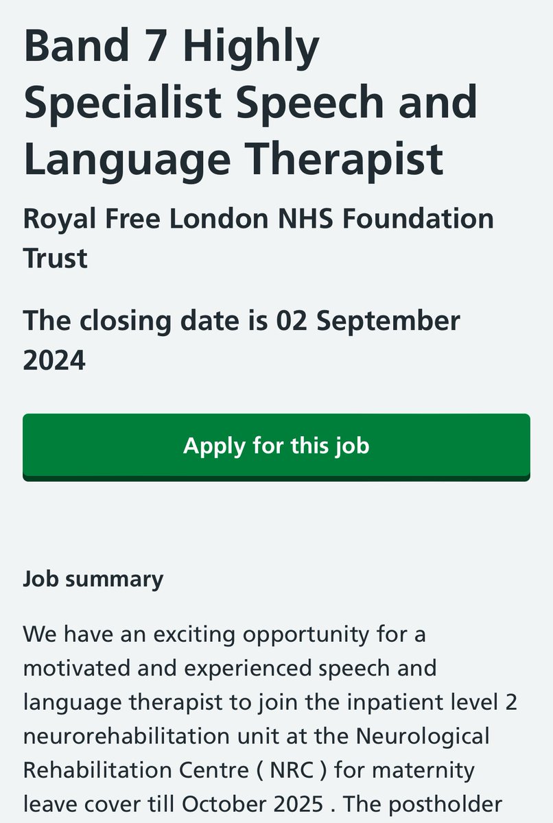 ‼️B7 SLT PART TIME MATERNITY COVER ‼️

An exciting opportunity has arisen for a part time B7 SLT to join the inpatient unit at the Neuro Rehab Centre in Edgware until Oct 2025. We have a friendly and innovative MDT, come join! 

See link to read more: 

jobs.nhs.uk/candidate/joba…
