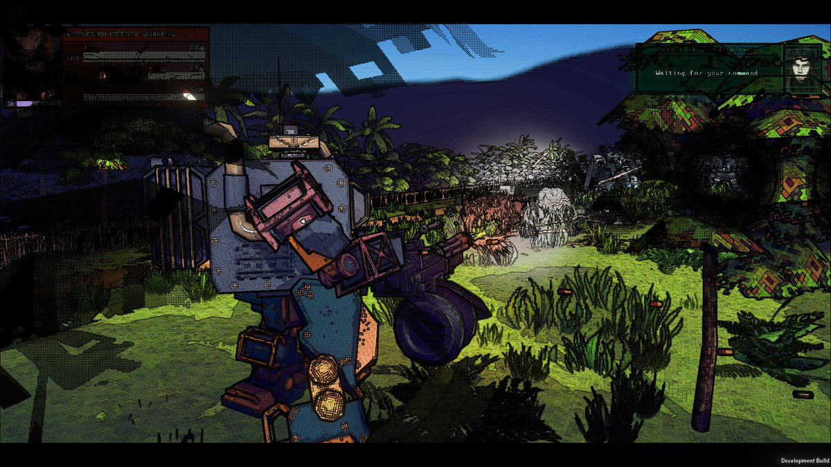 kriegsfront's tweet photo. We were playing around with the outline shader and accidentally turned our game to Borderlands.

What do you think of this shader style?

#KriegsfrontTactics #indiegame #mechs #retro #TurnbasedThursday #srpg #turnbased #gamedev https://t.co/t9XLLhFuOr