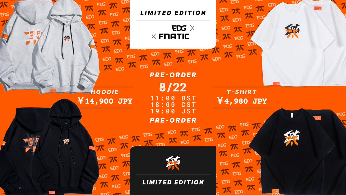 ◤￣￣￣￣￣￣￣￣￣￣￣
　　  EDG × FNATIC
＿＿＿＿＿＿＿＿＿＿＿◢

8月22日(木)19:00 JSTより『EDward Gaming × FNATIC』のコラボアパレルの販売を開始！

▼詳細はこちら
ash-winder.store/blogs/news/edg…

#EDGxFNATIC