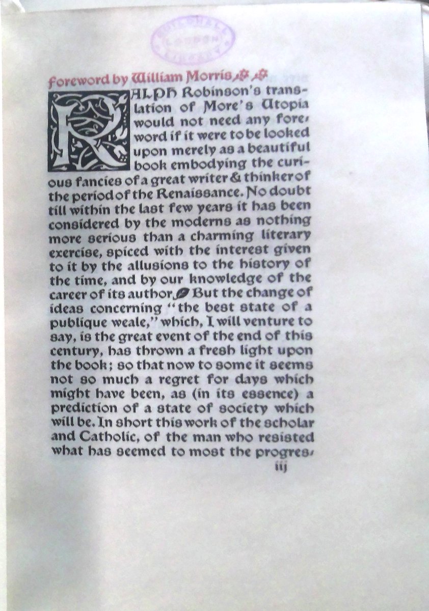 GuildhallLib's tweet photo. A treasure - 'Utopia' by Sir Thomas More (1478-1535) (COCK COLL 1.1 NO 33) - printed by William Morris’s Kelmscott Press (1893). Chaucer type with reprinted title in Troy type; headings &amp; marginal notes in red. Vellum edition. Morris believed in the beauty of medieval crafts. https://t.co/EXGFgvBJoK