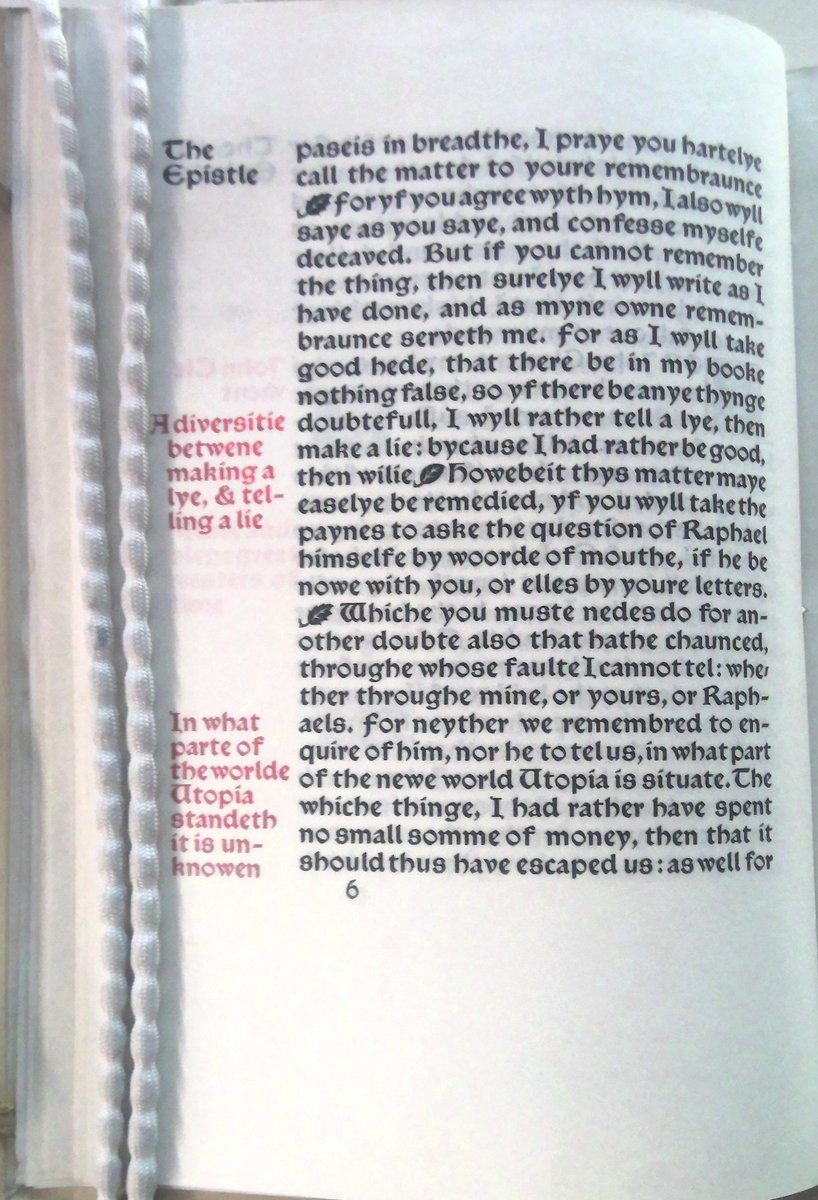 GuildhallLib's tweet photo. A treasure - 'Utopia' by Sir Thomas More (1478-1535) (COCK COLL 1.1 NO 33) - printed by William Morris’s Kelmscott Press (1893). Chaucer type with reprinted title in Troy type; headings &amp; marginal notes in red. Vellum edition. Morris believed in the beauty of medieval crafts. https://t.co/EXGFgvBJoK