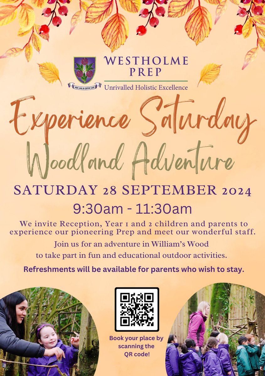 We invite Reception, Year 1 and 2 children and parents to join us for a woodland adventure at our first Experience Saturday of the new term!

Current and external pupils are all welcome, so please share with your family and friends.

Register here forms.office.com/e/kMsjuiWDsK