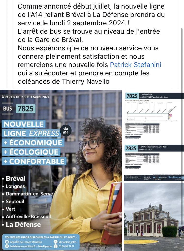 Une nouvelle ligne via l’A14 pour relier Breval à La Défense. #bus 
L’arrêt de bus se trouve au niveau de l’entrée de la gare de Breval.
<a href="/BbbCollectif/">collectif BBB</a> <a href="/udupc14/">🚅UDUPC : Usagers du Paris-Caen-Cherbourg</a> <a href="/train_nomad/">SNCF NOMAD TRAIN</a> <a href="/IDFmobilites/">IDF Mobilités</a> <a href="/vpecresse/">Valérie Pécresse</a>