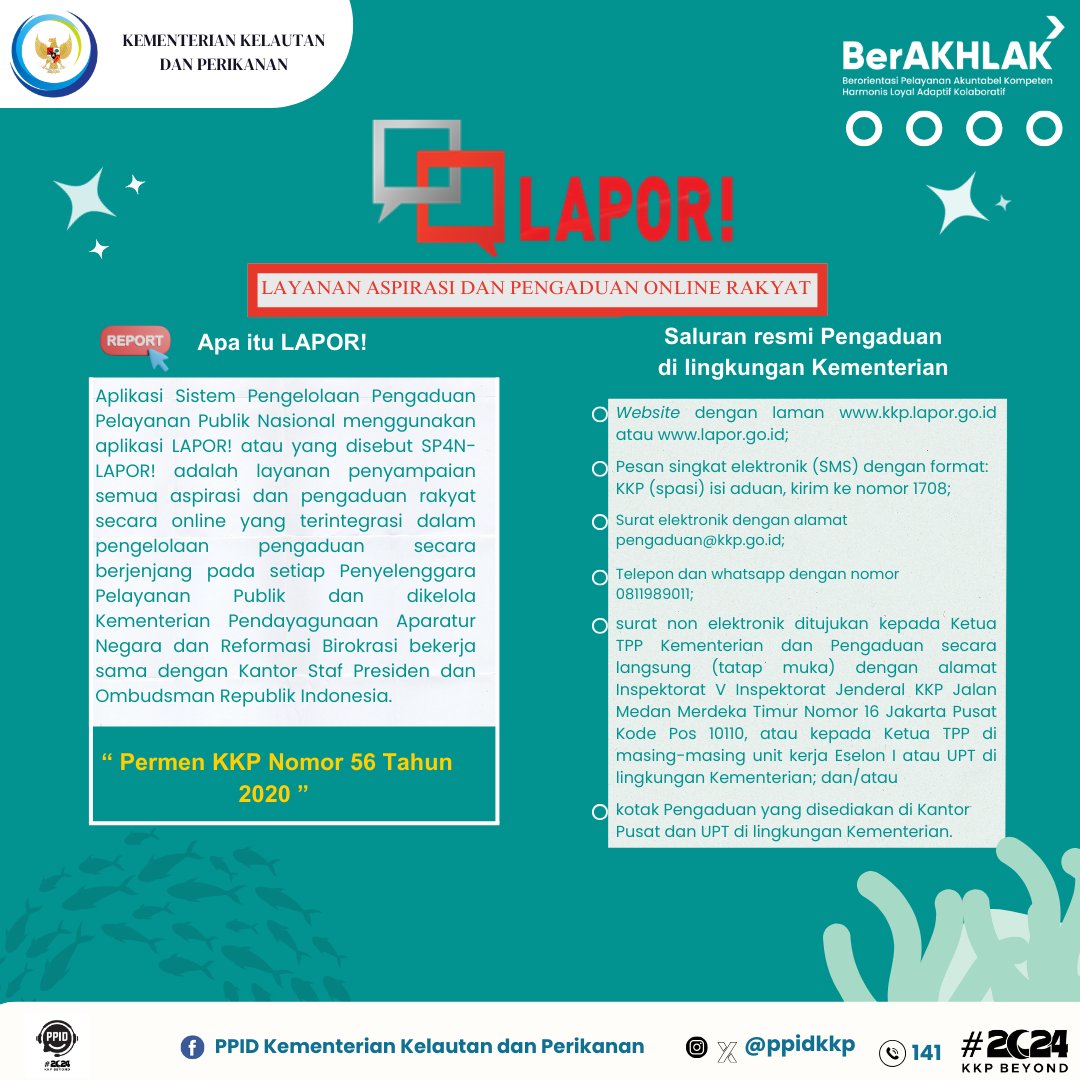 ppidkkp's tweet photo. Halo #Sahabatbahari. Jika kamu menemukan kendala dan keluhan sektor kelautan dan perikanan, silakan mengirimkan pengaduan, saran dan masukan melalui kanal LAPOR. Bersama, kita wujudkan transparansi dan pelayanan publik yang lebih baik.

#ppidkkp
#laporKKP
#pelayananPublik https://t.co/E6uMnrqwwZ