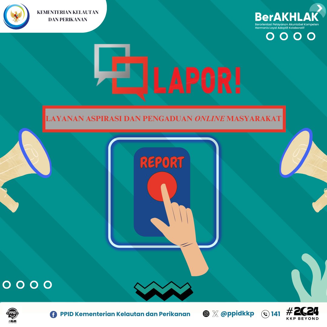 ppidkkp's tweet photo. Halo #Sahabatbahari. Jika kamu menemukan kendala dan keluhan sektor kelautan dan perikanan, silakan mengirimkan pengaduan, saran dan masukan melalui kanal LAPOR. Bersama, kita wujudkan transparansi dan pelayanan publik yang lebih baik.

#ppidkkp
#laporKKP
#pelayananPublik https://t.co/E6uMnrqwwZ
