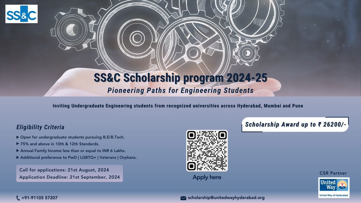 unitedwayhyd's tweet photo. Inviting Undergraduate Engineering students from recognized universities across Hyderabad, Mumbai and Pune for SS&amp;C Scholarship Program 2024–25  

Call for application: August 19, 2024
Application deadline: September 19 , 2024

Application Link: https://t.co/ZWQQSaYvlP https://t.co/cLbadUYhBZ