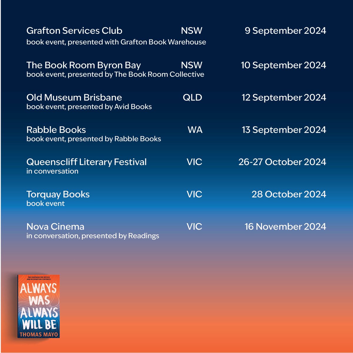 thomasmayo23's tweet photo. Spread the word. I’m holding book launches around the country from late next week. 

The launch events will be a celebration of the good people who worked hard for a First Nations Voice.

The campaign continues. 

https://t.co/HQRBO7FSZN https://t.co/o2eMhEwHDb