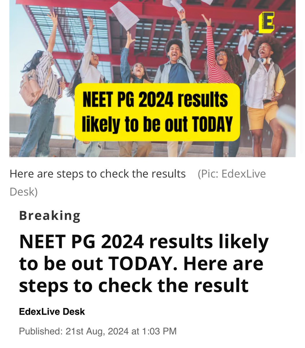 NEET PG result is likely to be out today 
#MedTwitter #neetpg2024 #NEET <a href="/htTweets/">Hindustan Times</a> <a href="/TOIIndiaNews/">TOI India</a>