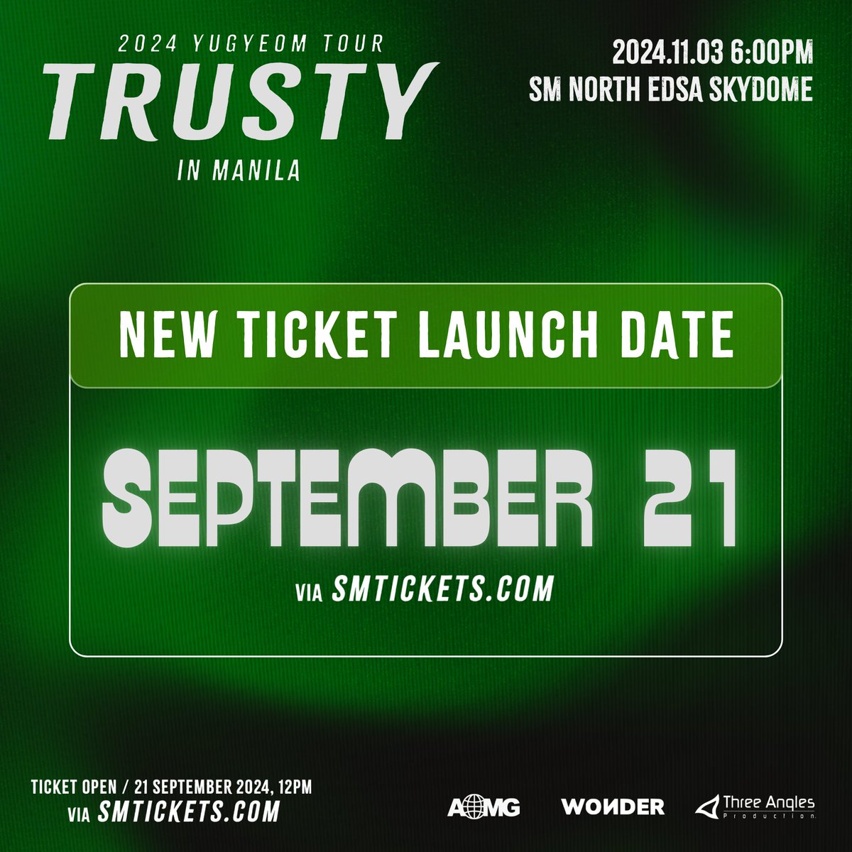 📣 Attention, Filo Ahgases! You asked and we listened 💚 We have updated the ticket launch date for the 2024 YUGYEOM TOUR [TRUSTY] IN MANILA. Tickets will be available on 21 September 2024, 12:00 PM via smtickets.com 🎫

Remember to save the date and set your alarm