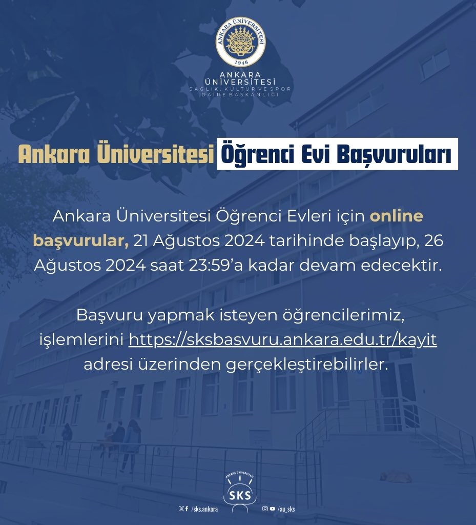 Ankara Üniversitesi Öğrenci Evleri için online başvurular, 21 Ağustos 2024 tarihinde başlayıp, 26 Ağustos 2024 saat 23:59’a kadar devam edecektir.

⬇️Başvuru için: 
🌐sksbasvuru.ankara.edu.tr/kayit 

<a href="/AnkaraUni/">Ankara Üniversitesi</a> 
<a href="/necdetunuvar/">Necdet Ünüvar</a>