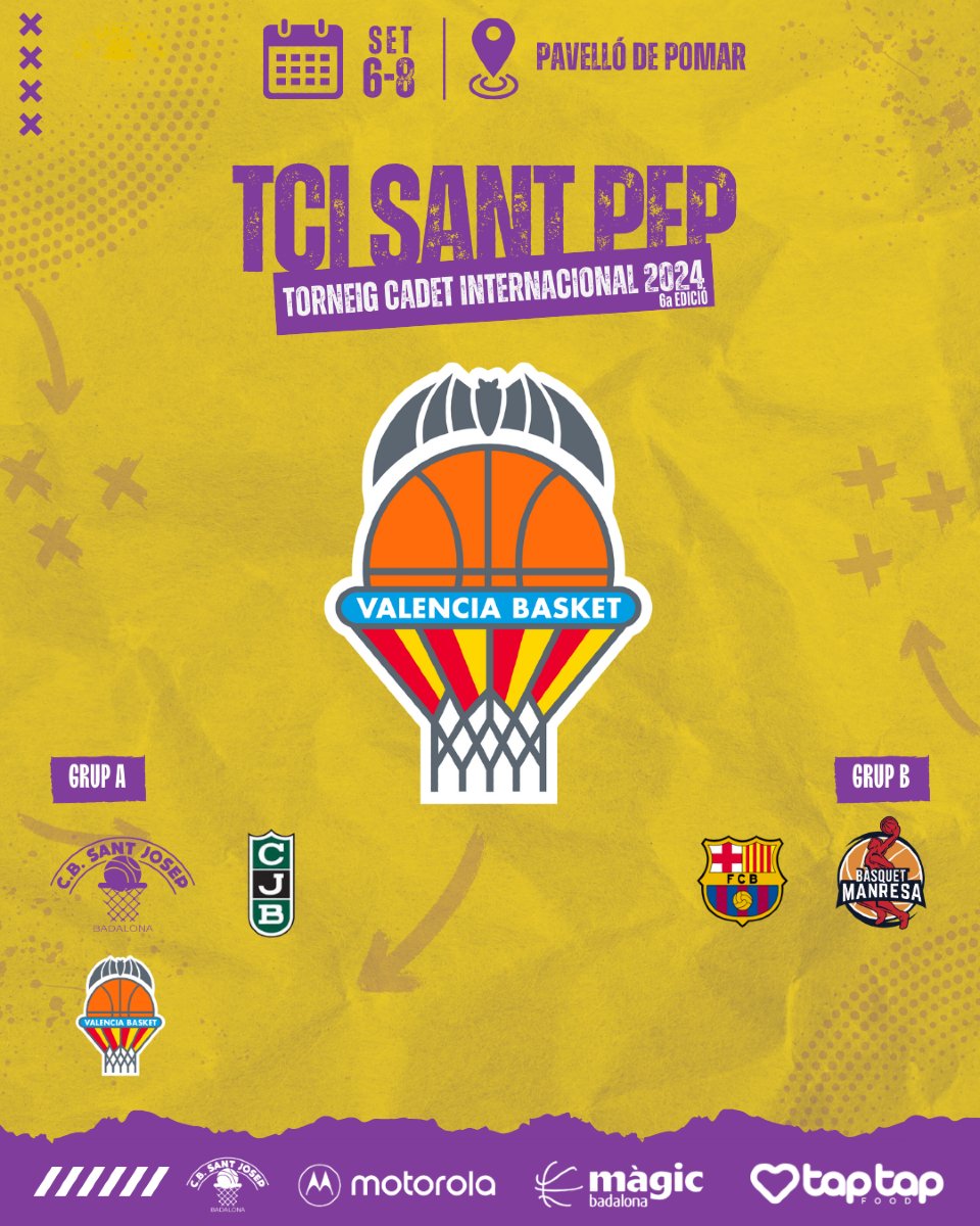 🚨 EQUIPS PARTICIPANTS TCI SANT PEP 2024 🚨

El <a href="/valenciabasket/">Valencia Basket Club</a>, un altre equip ACB, repeteix participació al nostre torneig. Podrem gaudir de jugadors 🔝 com Roger Villarejo i Guillem Tazo, també fixes a la selecció espanyola U15.

#TCISantPep2024 #TCISampep #SantPepÉsÚnic 🟡🟣