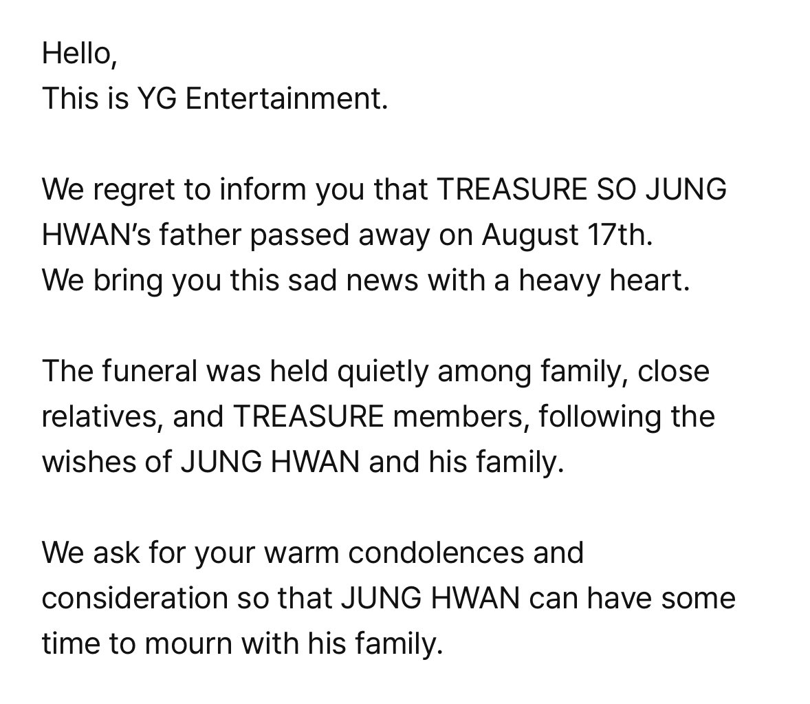 iksanpjw's tweet photo. YG has released a statement that Junghwan’s father has passed away…

Oh my god… 😭 https://t.co/Z5y0ra8kAc
