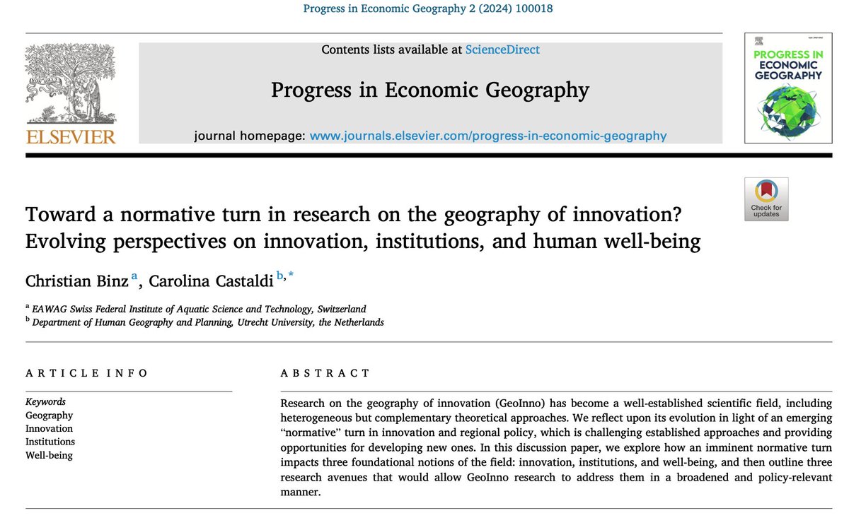 Progress in Economic Geography (PEG) (@progecongeo) on Twitter photo 📢New Open Access Alert!
"Toward a normative turn in research on the geography of innovation? Evolving perspectives on innovation, institutions, and human well-being"
by Christian Binz and <a href="/CCastaldi/">Carolina Castaldi</a>
↪️sciencedirect.com/science/articl… 📢New Open Access Alert!
"Toward a normative turn in research on the geography of innovation? Evolving perspectives on innovation, institutions, and human well-being"
by Christian Binz and <a href="/CCastaldi/">Carolina Castaldi</a>
↪️sciencedirect.com/science/articl…