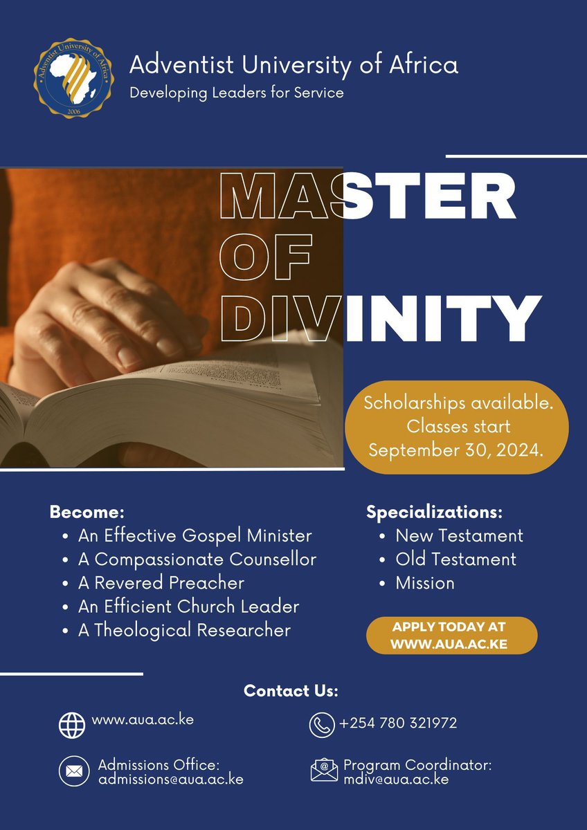auauniversity's tweet photo. Are you passionate about serving your community and spreading the Word of God? 🙏 
AUA is offers the Master of Divinity (MDiv) program—your gateway to becoming a minister of the Gospel without a bachelors degree in theology! ✨ 

#MDiv #theology #AdventistUniversityofAfrica https://t.co/E9k6K9d0VX