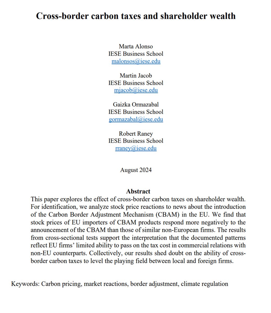 malonsosanz's tweet photo. (1/n) The carbon border adjustment mechanism (#CBAM) is a policy tool implemented by the EU. In our wp, we find that stock prices of EU importers of CBAM products respond negatively to the announcement of the CBAM. Link to paper 👇https://t.co/5e5ZgAbk7m https://t.co/oJKSsfedBa