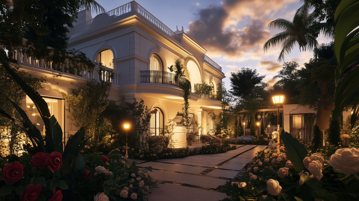 KNohlen42092's tweet photo. As the sun sets, this luxurious villa comes alive with warm lights and blooming roses, creating an enchanting atmosphere that feels straight out of a fairytale. 🌇🏡 #LuxuryLifestyle #GardenGoals #EveningCharm https://t.co/sWLSIWQREc