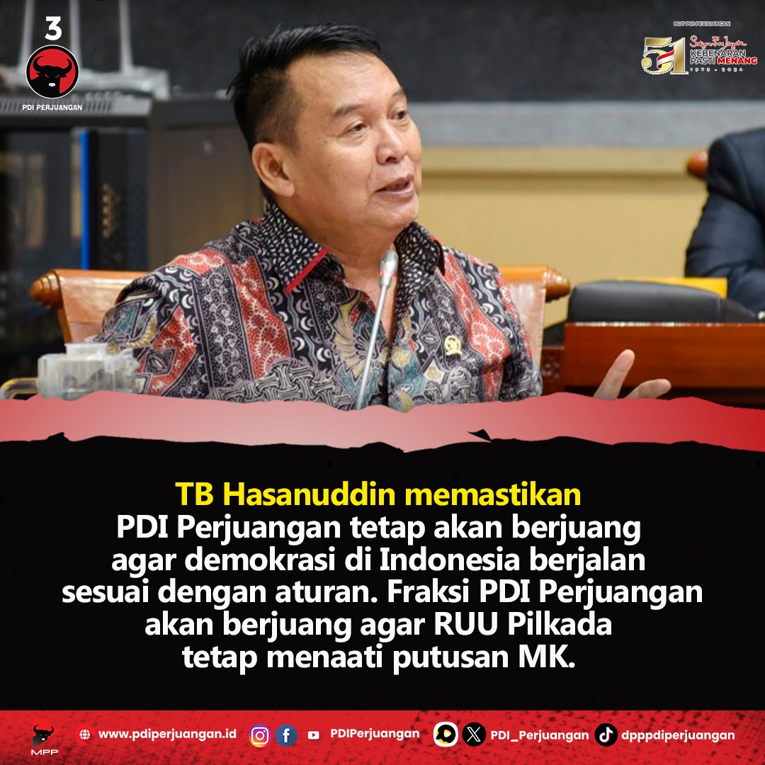 PDI_Perjuangan's tweet photo. Anggota Badan Legislasi (Baleg) Fraksi PDI Perjuangan  TB Hasanuddin, menilai draf Revisi Undang-Undang (RUU) Pilkada mengenai syarat ambang batas pencalonan di Pilkada hanya berlaku ke partai non parlemen, bertentangan dengan putusan Mahkamah Konstitusi (MK) Nomor 60 No.60/PUU-XXII/2024.

TB Hasanuddin memastikan PDI Perjuangan tetap akan berjuang agar demokrasi di Indonesia berjalan sesuai dengan aturan. Fraksi PDI Perjuangan akan berjuang agar RUU Pilkada tetap menaati putusan MK.

#PDIPerjuangan
#MenangkanRakyat
#SatyamEvaJayate
#KebenaranPastiMenang
#SolidBergerak