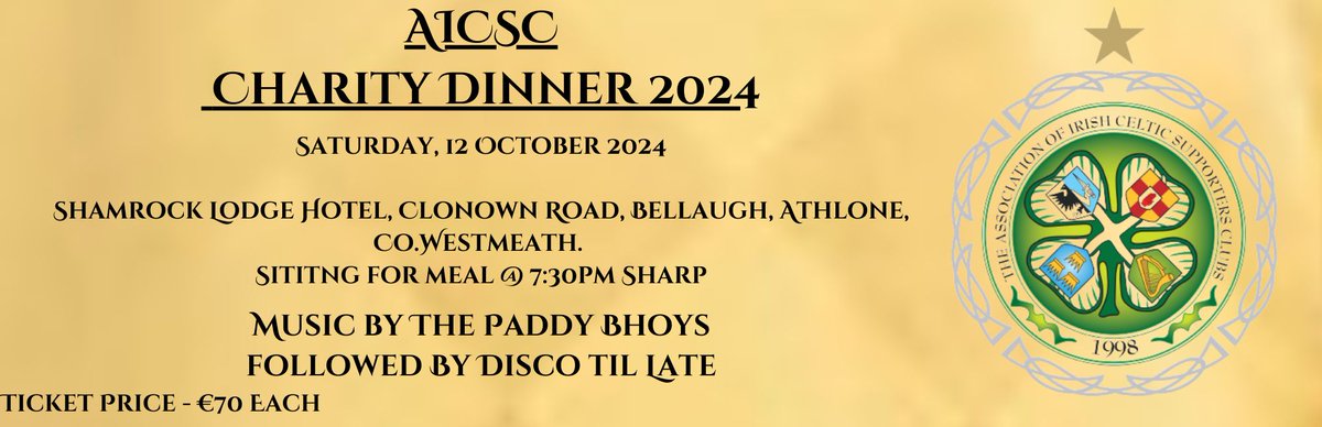 AICSC2014's tweet photo. Tickets are on sale for our Annual Charity Dinner in Athlone. 
Saturday, October 12th
Tickets €70
Music From The Paddy Bhoys
All funds raised to be donated to The 12th Lion Charity. 

If interested please get in touch. 🇮🇪🍀 https://t.co/mQ4jI39R6I