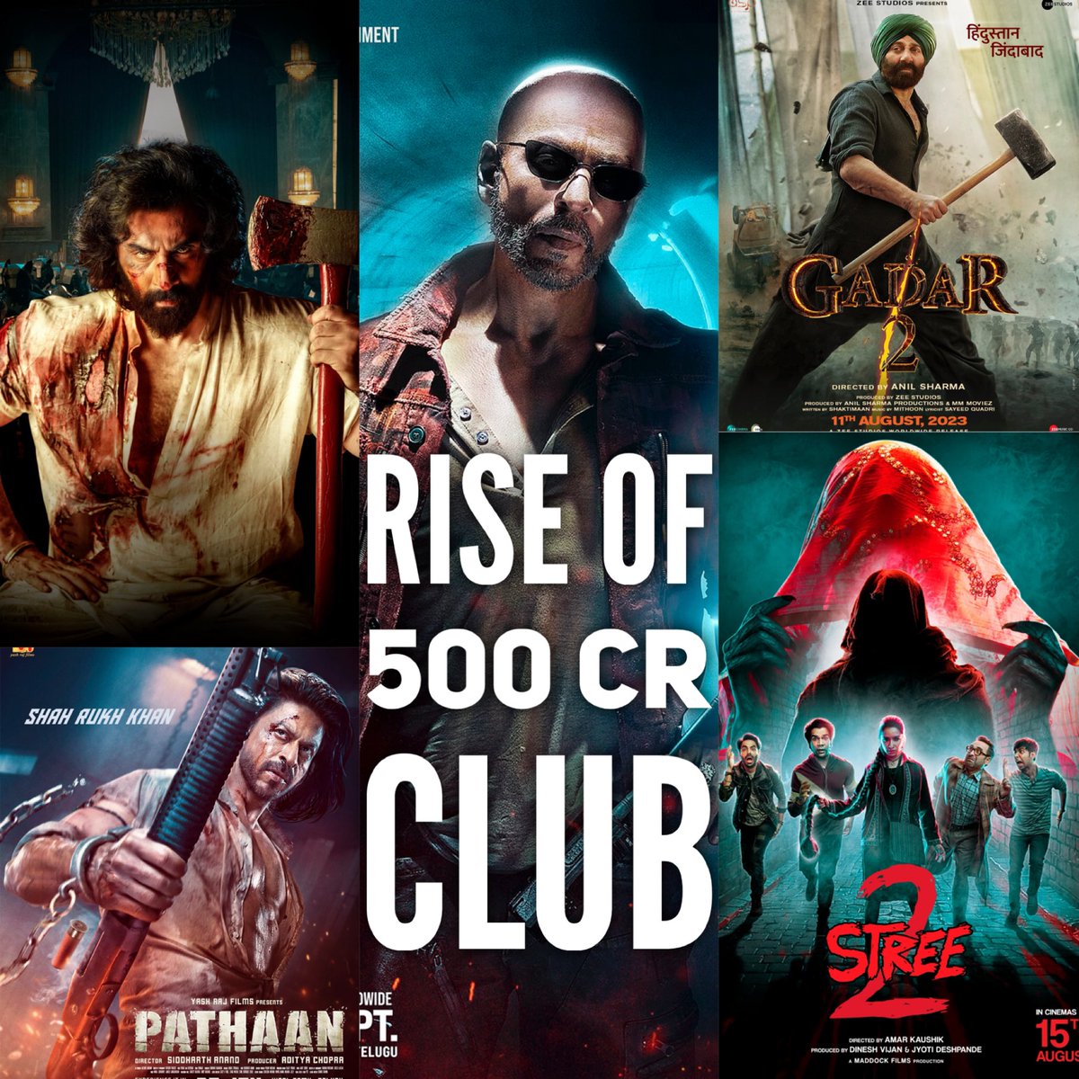 SumitkadeI's tweet photo. 𝐓𝐇𝐄 𝐑𝐈𝐒𝐄 𝐎𝐅 500 𝐂𝐑 𝐂𝐋𝐔𝐁

#Pathaan, #Jawan, #Gadar2, #Animal, and next in line, #Stree2! 

What's remarkable is that 3 out of 5 films achieved this milestone in a clash, with #Stree2 conquering the box office in a 3-way clash! 

This proves that exceptional content, generating tremendous excitement and merit, can make ₹ 500 cr nett biz a formality! 

I predict, in a year or two, we'll witness the birth of the 700cr club (In Single lAng ), courtesy of a game-changing Hindi film! 

The future of Hindi and Indian  cinema is BRIGHT and BOLDER than ever! 

Ps - #Jawan invented ₹ 600 cr club already but including dubbed versions.