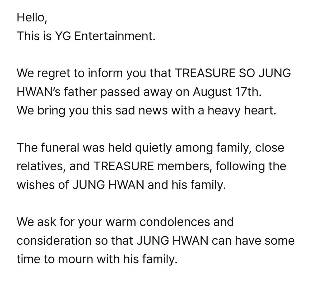 truzmoon's tweet photo. YG has released a statement that Junghwan’s father has passed away on August 17th. https://t.co/KHpljUKJGy
