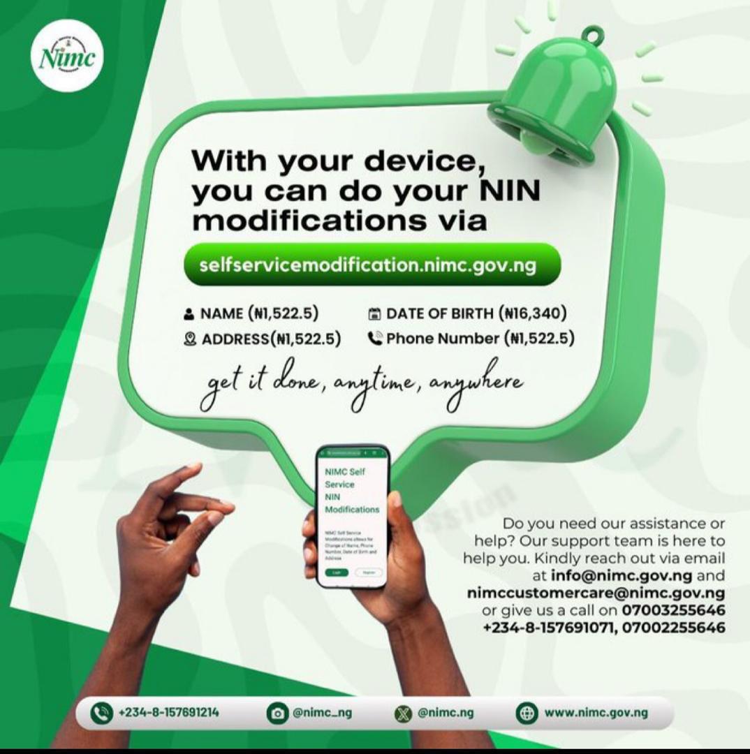 TheAbisolaa's tweet image. Modifying your name, date of birth, phone number, and address on the @nimc_ng Self-Service portal is now seamless.
You should try it out yourself 
Log on to: selfservicemodification.nimc.gov.ng 
#SelfServiceModification 
#NIMC2024 
#IDDAY2024