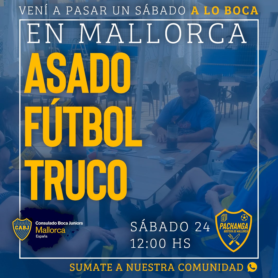 Este sábado volvemos a juntarnos para compartir un asado bostero, un partidito de fútbol y unos partidos de truco en Portitxol, Palma.

Para sumarte, tenés que apuntarte en nuestra comunidad de WhatsApp:
chat.whatsapp.com/ExYmql6TCRY4Me…

¡Nos vemos! 🇸🇪

Subc. de Eventos y Actividades