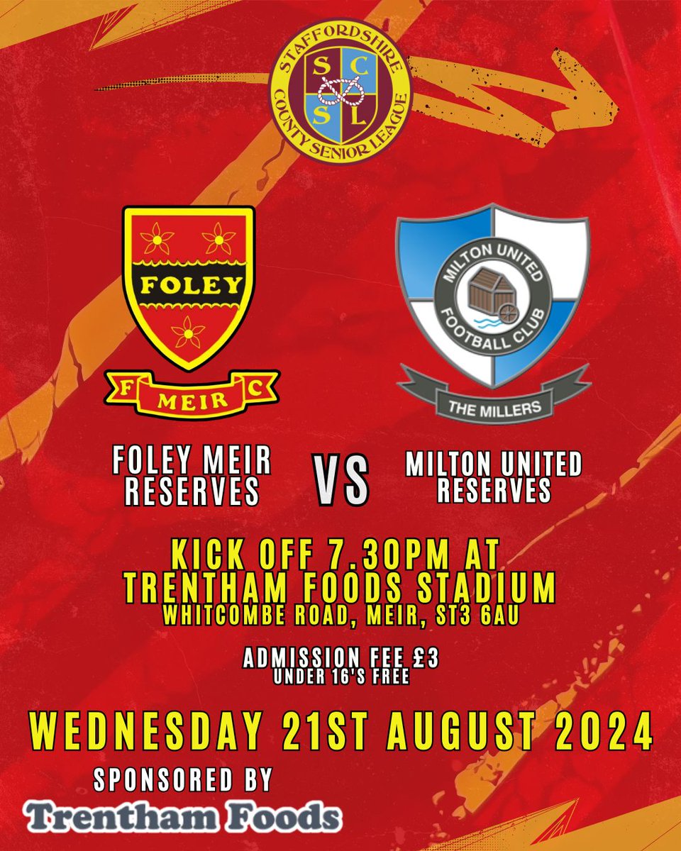 Midweek football from The Trentham Foods Stadium as our we host Milton United Reserves, both sides going in search of their first 3 points of the season.

£3 Admission 
Clubhouse open, serving hot and cold drinks

Get down and support the lads!

Up the Foley
⚫️🔴