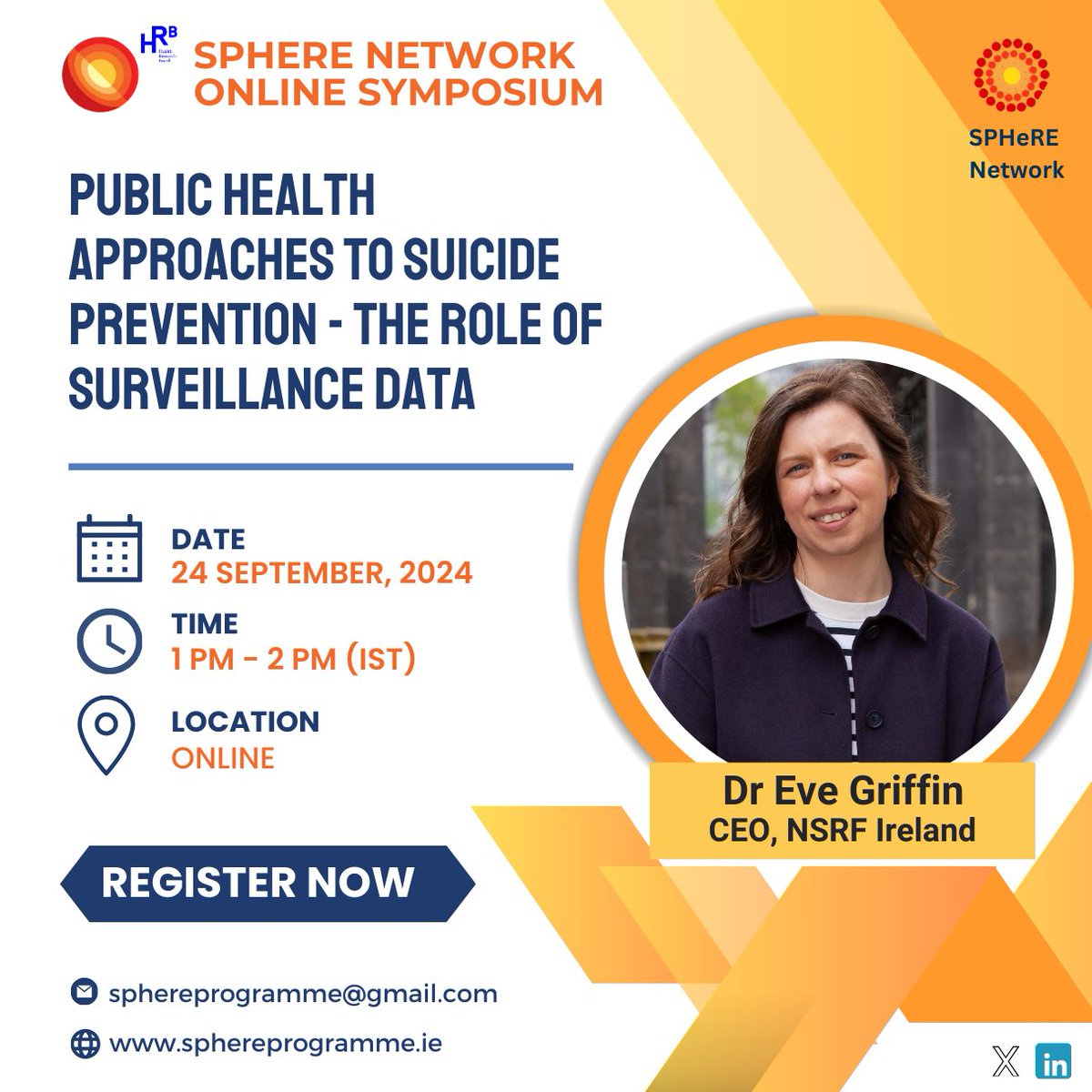 REGISTER for the SPHeRE Network Online Symposium on Tuesday 24th September 2024, 1-2 pm titled 'Public health approaches to suicide prevention - The role of surveillance data’ with Dr Eve Griffin, CEO, National Suicide Research Foundation, Ireland.
sphereprogramme.ie/4854-2/