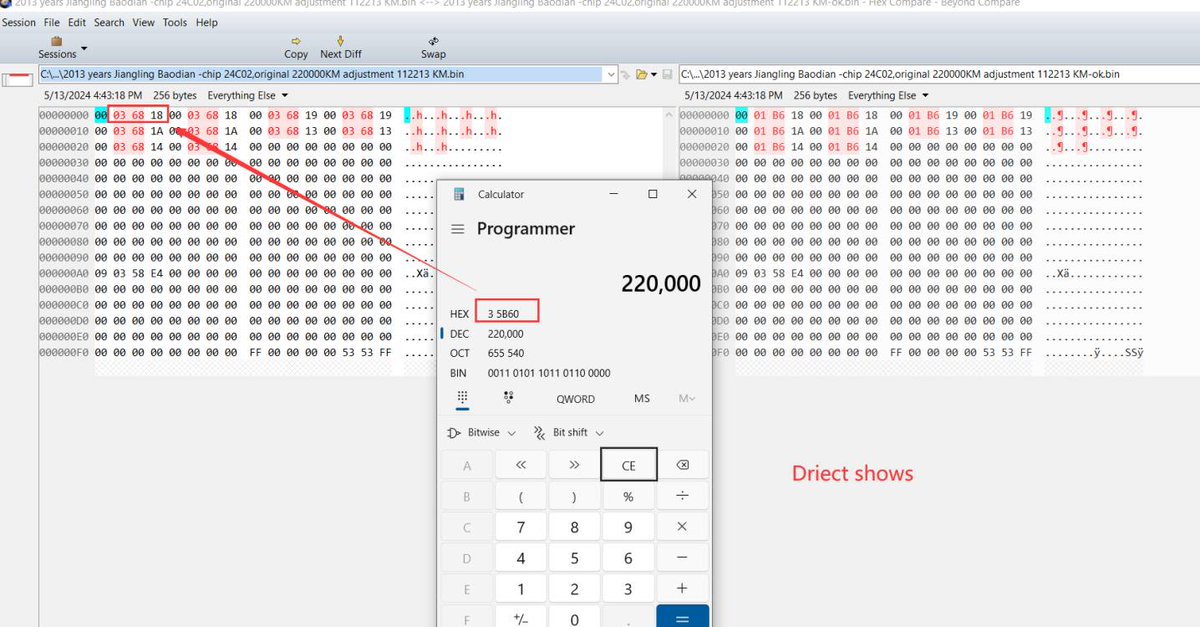 Mileage algorthim lessons Day2
lesson 1~ Direct to Change to Hex
2013 years Jiangling Baodian -chip 24C02,original 220000KM adjustment 112213 KM
Mileage Dec to Hex (Direct to shows in .bin file)
