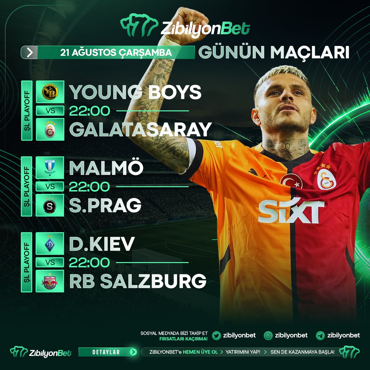 zibilyonbetgir's tweet photo. ⚽ Şampiyonlar Ligi Heyecanı Başlıyor! 🌍
Bu gece futbolseverleri nefes kesen maçlar bekliyor!🔥
🏆 Young Boys vs Galatasaray
🏆 Malmö vs Sparta Prag
🏆 D. Kiev vs RB Salzburg

⚡ Galatasaray, İsviçre'den avantajlı bir skorla dönüp Şampiyonlar Ligi'ne bir adım daha yaklaşmak istiyor! 😍
💪 Maçlar 22:00'de, ekran başında yerinizi alın! 📺
🎯 Tahminlerinizi yapın, kazanan siz olun! 💰

🎯Güncel Giriş Adresimiz; https://t.co/7hUmqR1ti5

Sizce hangi takım kazanır? 🧐👇 Yorumlarda belirtin

#Galatasaray #ŞampiyonlarLigi #FutbolKeyfi  #MaçZamanı