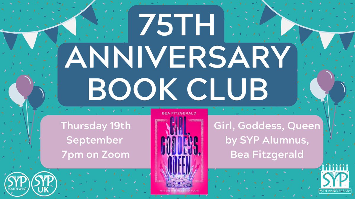 SYP_UK's tweet photo. π’ ANNOUNCEMENT π’
Join @SYP_UK and @SYP_SouthWest for a very special anniversary book club...
We'll be discussing Girl, Goddess, Queen on 19 Sept and will be joined by author and SYP alumnus @Bea_a_Bea herself π
Reserve your spot NOW: https://t.co/IYgzBcjtKp #SYP75 https://t.co/KewXZnQSmu