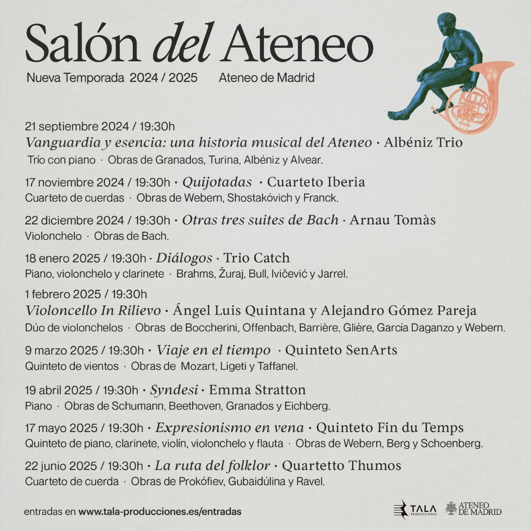 juliapareja92's tweet photo. ¡Aquí está el cartel completo de la nueva temporada de Salón del Ateneo!
¿Cuál no te puedes perder? 🎹🎻

📢 ¡¡ABÓNATE!! 📢
Con un impresionante descuento del 45% del precio de las entradas generales, puedes conseguir tu abono para la temporada completa:
https://t.co/57SS0G6kWh https://t.co/qGZOumFiO5