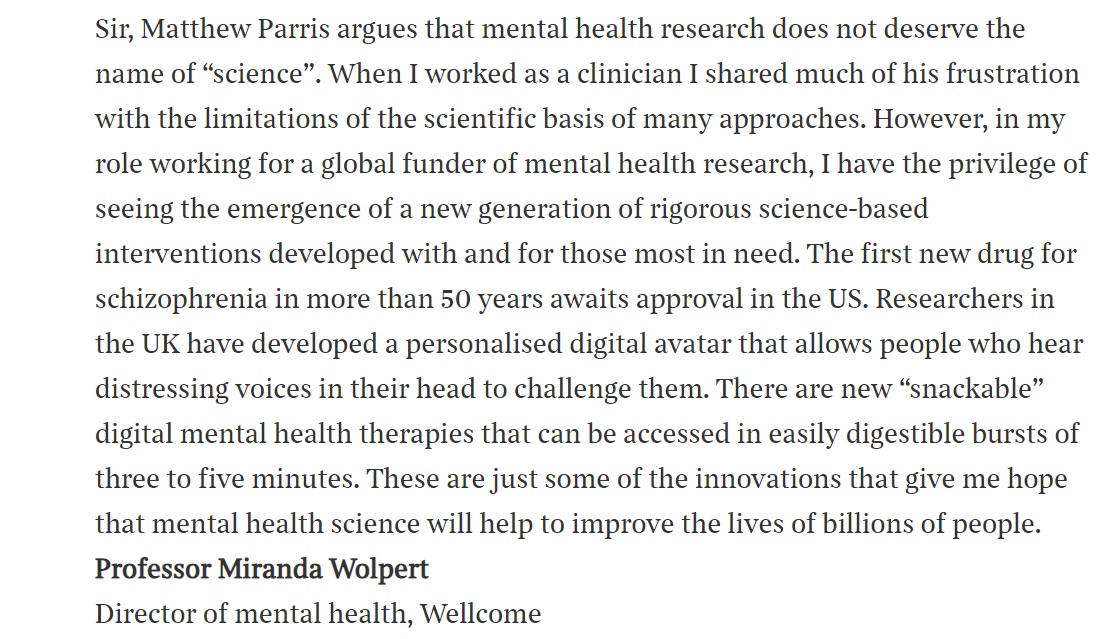 'In my role working for a global funder of mental health research, I have the privilege of seeing the emergence of a new generation of rigorous science-based interventions developed with and for those most in need' letter from <a href="/mirandarwolpert/">Prof Miranda Wolpert</a> <a href="/wellcometrust/">Wellcome</a> in <a href="/thetimes/">The Times and The Sunday Times</a> today.