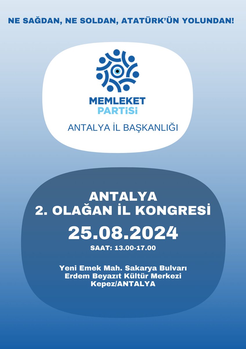 Tüm Memleket sevdalılarını bekliyoruz.
#muharremince
#memleketpartisi
#halililkerçelik
#kayhanyüreğir
#turgutokur