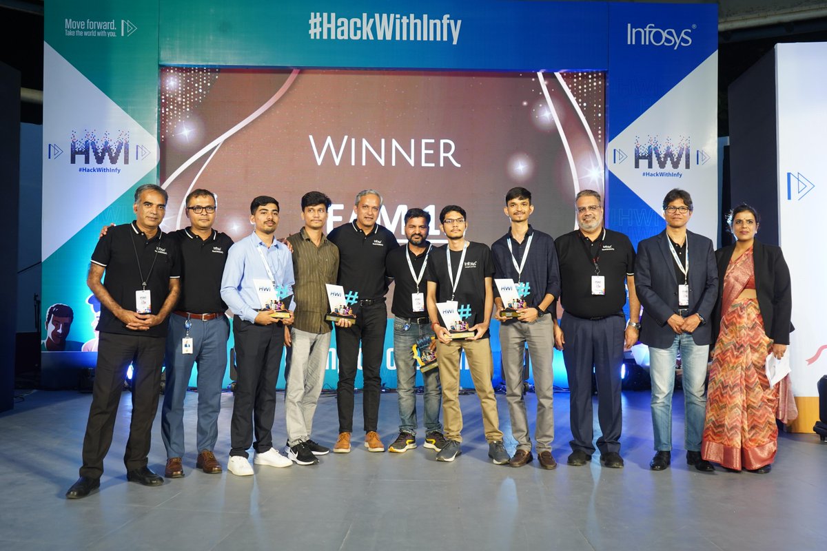 Infosys's tweet photo. The #HackWithInfy2024 Grand Finale concluded with a day filled with electrifying performances and camaraderie.

Winners - Ritesh Baindara | Abhikant Kumar | Saurav Rawat | Saroj Kowshik Garapati

1st Runners Up - Bandi Leela Ganga Shanmukha Prajna | Abhishek Pandey | Aditya garg | Sanskar Jaiswal | Somdeep Misra

2nd Runners Up - Aayush Gupta | Virag Jain | Khushi Jain | Nishant Pundlik Gore | Siddhant Sudesh Chalke

Champion of Champions - Pavan Manish Devulapally

#Hackathon#ForwardWithInfosys#Coders