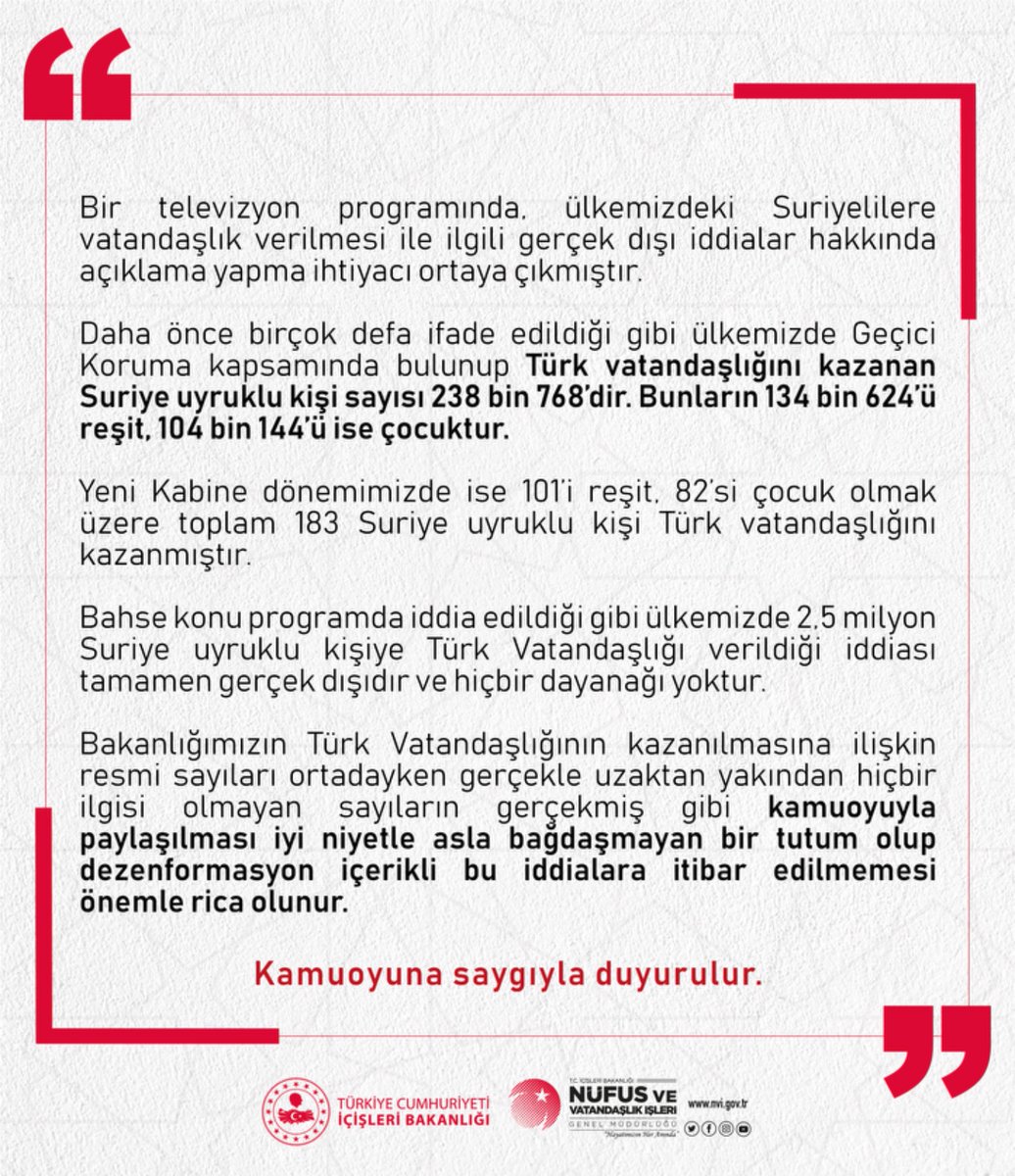 Bir televizyon programında Türk Vatandaşlığının kazanılmasına  ilişkin dezenformasyon amaçlı gerçek dışı iddialara yönelik kamuoyu duyurusu ❗️❗️