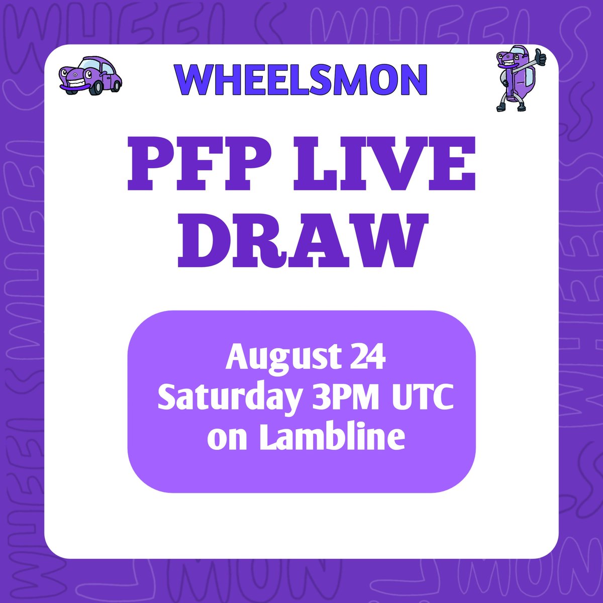 𝟭𝘀𝘁 𝗪𝗵𝗲𝗲𝗹𝘀𝗺𝗼𝗻 𝗗𝗿𝗮𝘄 𝗘𝘃𝗲𝗻𝘁

August 24, Saturday 3:00 PM UTC
on lambline (songs and music)

Lead : <a href="/X_suhair/">Suhair</a> &amp; <a href="/iviralAstra/">Astra</a>
Artist : @Rogue110797
Speaker : <a href="/popeyetrades/">Popeye.somi</a>

In This week a PFP will be drawn for lucky members who attend the event.

If you want to