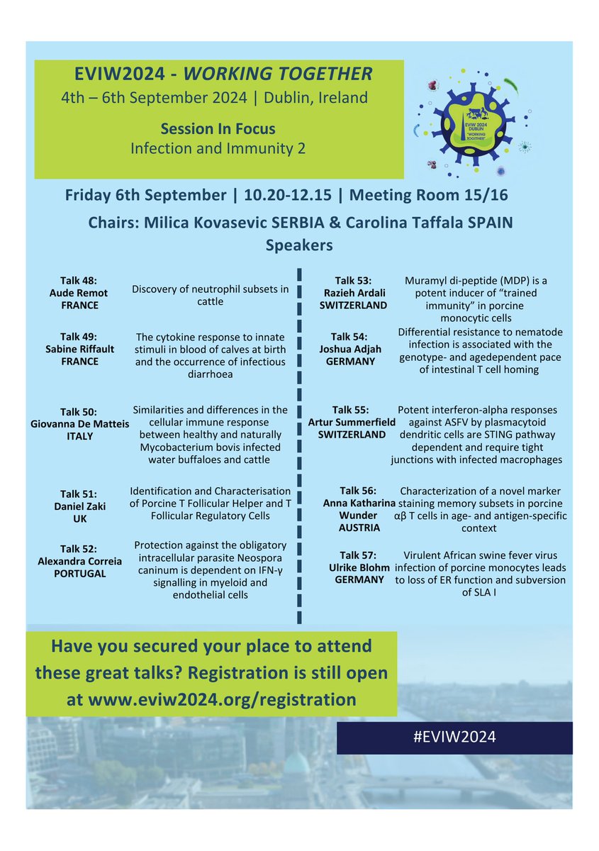 Take a look at our Infection and Immunity 2 Session, scheduled for Friday 6th September at #EVIW2024 

Register today to join us in Dublin and attend these fascinating talks!  

eviw2024.org/registration/ 

#eci2024 #OneHealth