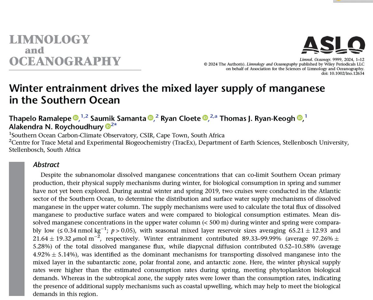 📢New Research by <a href="/ThapeloRamalepe/">Thapelo Ramalepe</a>, <a href="/saumik_samanta/">SAUMIK SAMANTA</a>, <a href="/Ry_OceanSci/">Ryan Cloete</a> &amp; <a href="/GeotracesSA/">Alakendra Roychoudhury</a>: Winter mixing provided nearly all the Mn needed for marine life in most regions &amp; add. sources like coastal upwelling might be required in other areas doi.org/10.1002/lno.12… #geotwitter <a href="/scienceSUN/">Faculty of Science</a>