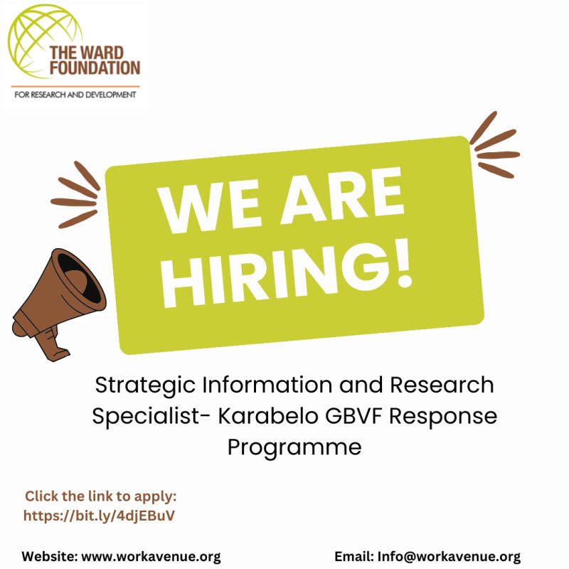 TheWARD_Fnd's tweet image. #WARDFoundationIsHiring
#Readvertisement 
The WARD Foundation seeks to recruit a Strategic Information and Research Specialist to support the implementation of the KARABELO #GBVF Response Programme.

Click the link bit.ly/4djEBuV to learn more and apply.
#SouthAfrica