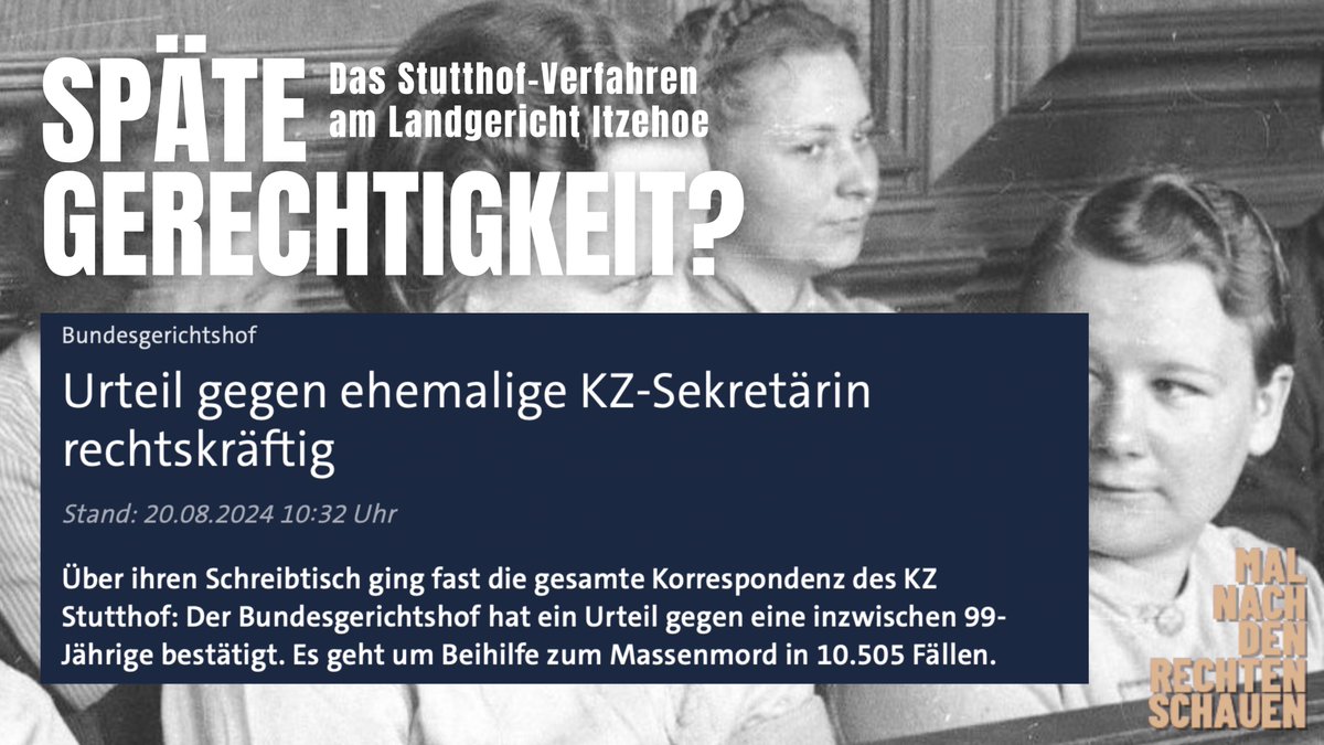 MNDRSpodcast's tweet photo. Urteil gegen ehemalige KZ-Sekretärin rechtskräftig ⚖️ 

Der BGH hat die Verurteilung von Irmgard F., einer früheren KZ-Sekretärin, wegen Beihilfe zum Massenmord bestätigt.   

Mehr zum Hintergrund: Folge "Späte Gerechtigkeit".   
https://t.co/QqpXwQlTC3 
https://t.co/OyGxToFk1c https://t.co/BEh8WpHDj6