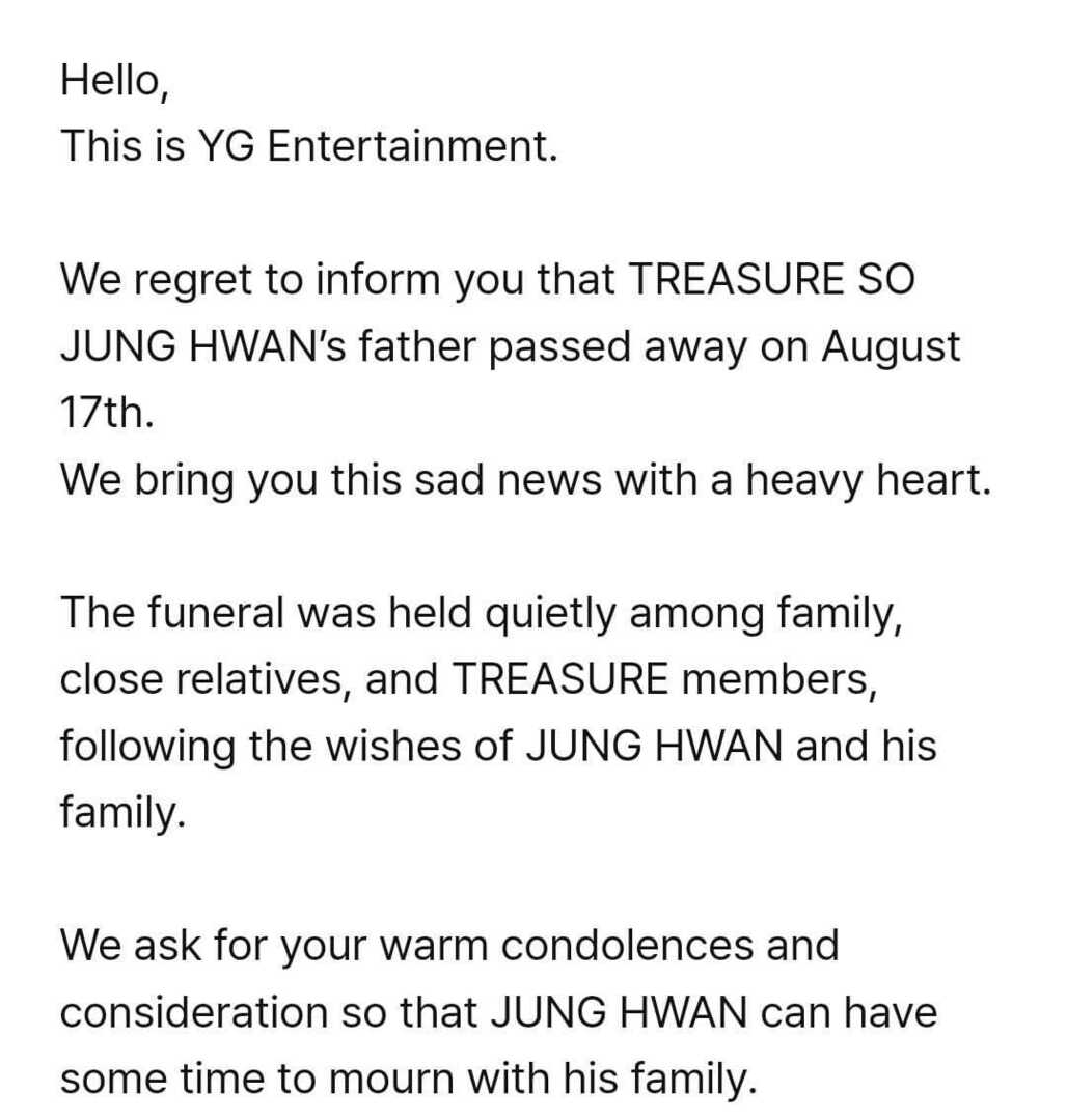 treasuremenfess's tweet photo. teume! sedih banget, ternyata sejak tanggal 17 kemarin semua aktivitas berhenti karena ini :( deep condolences for so junghwan father🥀 https://t.co/B4oFLKGSe8