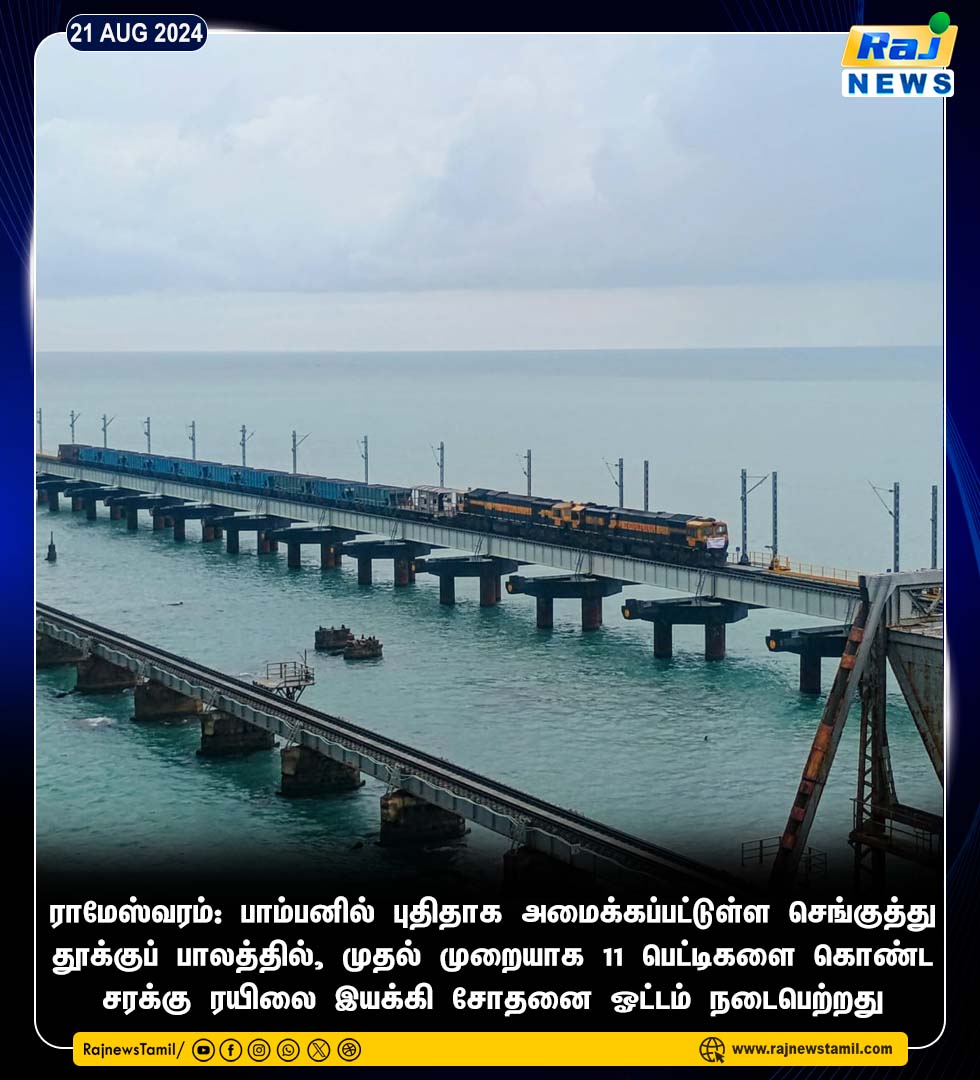 rajnewstamil's tweet image. ராமேஸ்வரம்: பாம்பனில் புதிதாக அமைக்கப்பட்டுள்ள செங்குத்து தூக்குப் பாலத்தில், முதல் முறையாக 11 பெட்டிகளை கொண்ட சரக்கு ரயிலை இயக்கி சோதனை ஓட்டம் நடைபெற்றது #Pambanbridge | #Traintesting | #Rameshwaram | #RailwayTrack | #Rajnewstamil