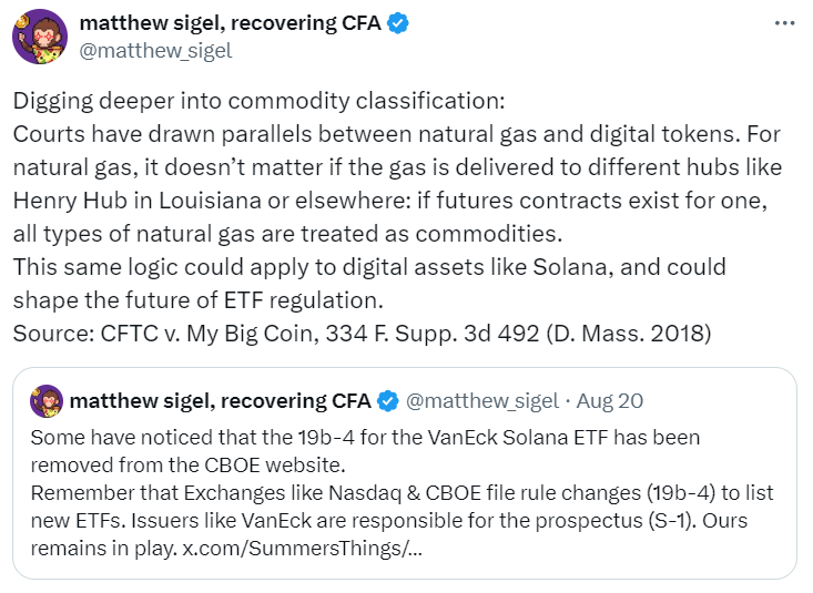 _TOBTC's tweet photo. #VanEck’s Head of Digital Assets, Matthew #Sigel, suggests that a 2018 #crypto fraud case could provide a legal precedent for #Solana (#SOL) to be classified as a commodity, potentially paving the way for a Solana ETF in the U.S.
However, analysts remain pessimistic, citing regulatory challenges and the SEC's concerns over Solana's classification as a security. Despite these hurdles, VanEck's S-1 filing for a Solana #ETF remains active.
#Bitcoin #BTC #Crypto #LQR #LaqiraProtocol
