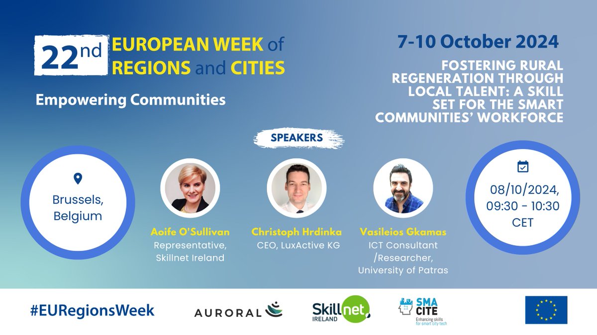 Join us for a #EURegionsWeek workshop exploring best practices in building European smart communities through innovative EU initiatives and partnerships aimed at boosting rural skills and regeneration. 

🗓️08/10/2024
⌚️09h30 CEST

👉regions-and-cities.europa.eu/programme/2024…
