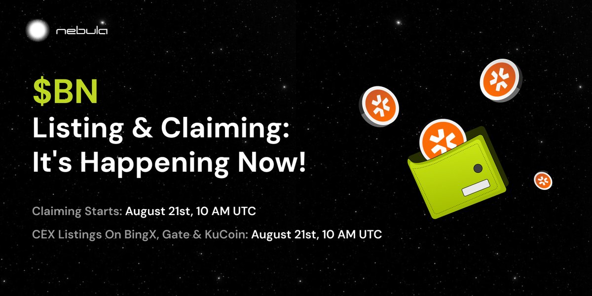$BN Claiming &amp; Listing is LIVE!

The wait is over! Start claiming your $BN tokens from the <a href="/TNA_Protocol/">TNA</a> IDO on Nebula.

📍:nebula.port3.io/project/666ac0…

Plus, $BN is now listed on <a href="/BingXOfficial/">BingX</a> @gate_io <a href="/kucoincom/">KuCoin</a> ~

Don't miss out - claim your token and start trading!