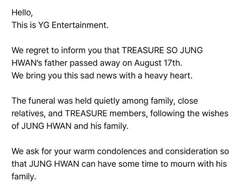 NADAIURS's tweet photo. in Korea Funeral ceremony are usually held over 3 days, so that's why YG is only telling us abt this now. please stop blaming each other, just make it a lesson for all of us for the future, also don't forget to pray for Junghwan's father &amp; send words of encouragement to Junghwan. https://t.co/OwSGtovrpG