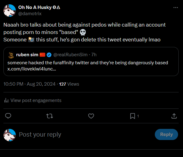 damotrix's tweet photo. Oh and, if you liked  this, please see rubensim's braindead take on this lmao

https://t.co/mlbxwF7ddo

Snapped so he can't back out of literally supporting pedophilia X3 https://t.co/YDdj8JsVkT