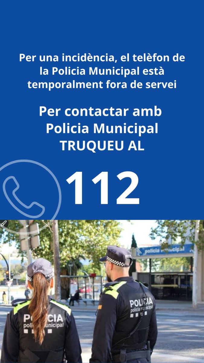 ⚠️Atenció! Per una incidència, el telèfon 092 es troba temporalment fora de servei. podeu contactar amb nosaltres trucant al 112
Disculpeu les molèsties